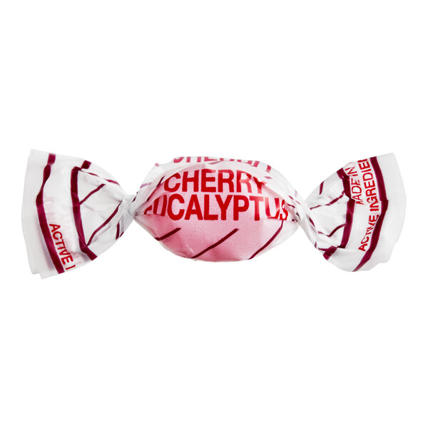 A cherry and eucalyptus menthol cough and sore throat lozenge in a white and red twist wrapper.