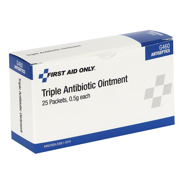A box of First Aid Only triple antibiotic ointment packets, containing 25 packets of 0.5 grams each.