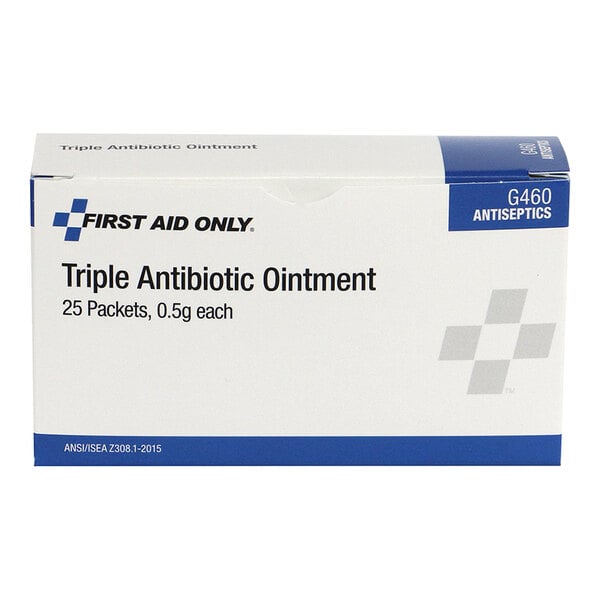 A box of First Aid Only Triple Antibiotic Ointment packets, each containing 0.5 grams, labeled for antiseptic use.