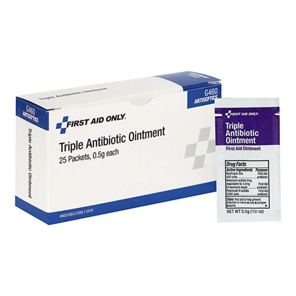 A box of First Aid Only Triple Antibiotic Ointment packets, each containing 0.5 grams, with one packet shown beside the box.