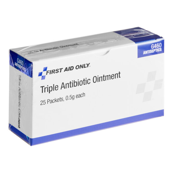 A box of First Aid Only triple antibiotic ointment packets, containing 25 packets of 0.5 grams each.