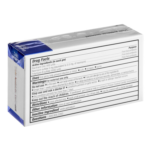 A box of First Aid Only 0.5 gram triple antibiotic ointment packets containing 750 packets per case.