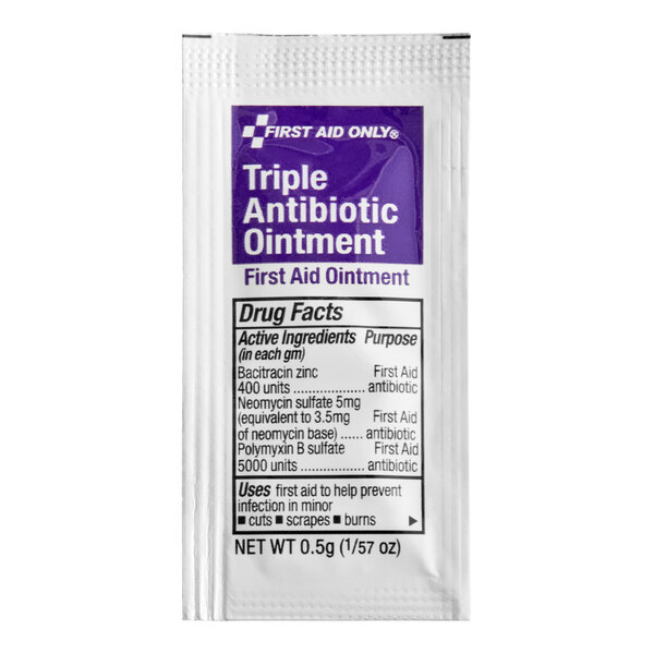 A small packet of First Aid Only triple antibiotic ointment for first aid use.