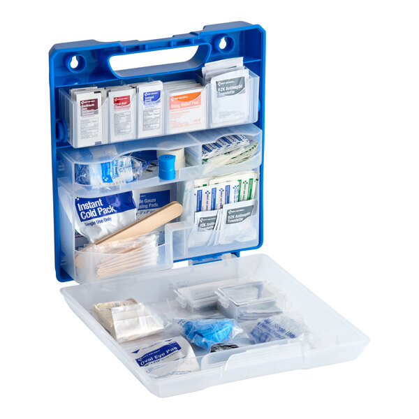 A blue and clear plastic first aid kit containing various medical supplies and organized compartments.