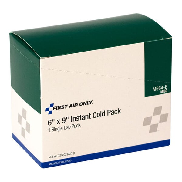 A box of First Aid Only 6" x 9" instant cold packs for single use.
