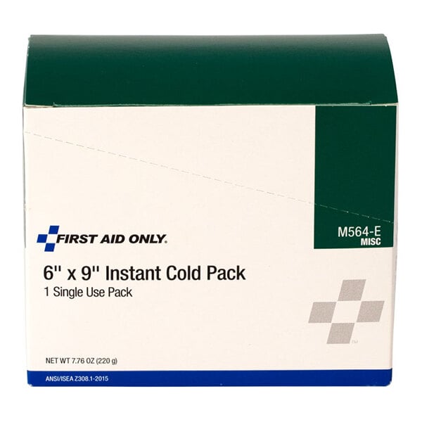 A box of First Aid Only 6 x 9 inch instant cold packs for single use.