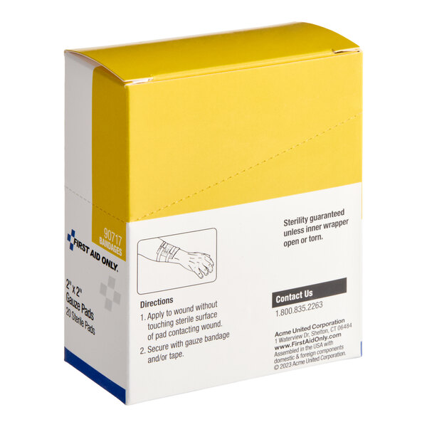 A box of First Aid Only 2" x 2" sterile gauze pads.