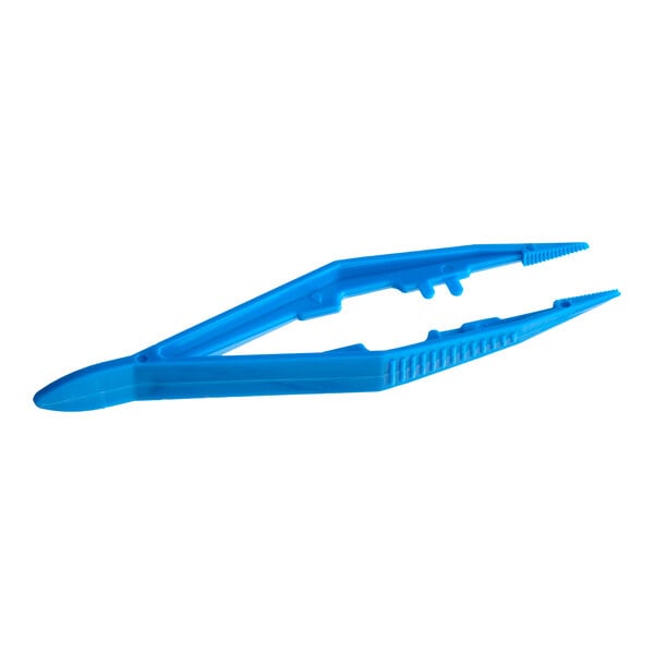 A pair of blue plastic disposable forceps or tweezers.