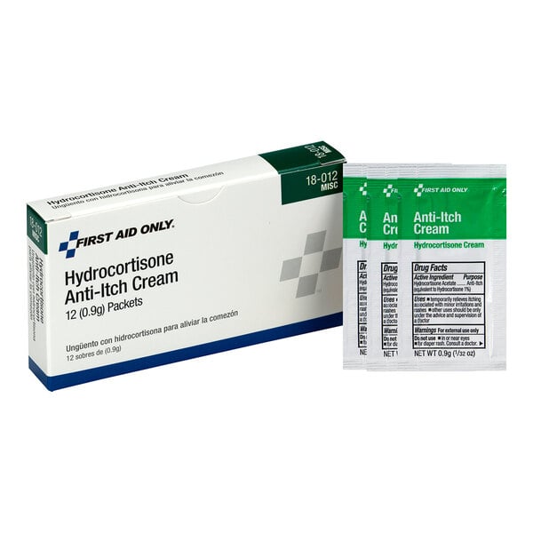 A box of First Aid Only Hydrocortisone Anti-Itch Cream containing 12 individual packets.