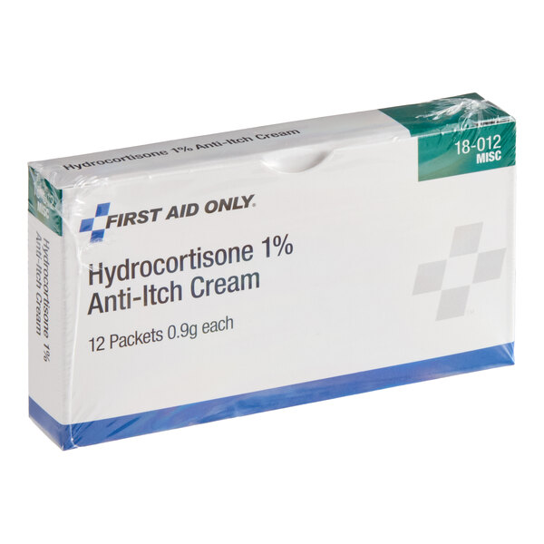 A box of First Aid Only Hydrocortisone 1% Anti-Itch Cream containing 12 packets, each 0.9 grams.