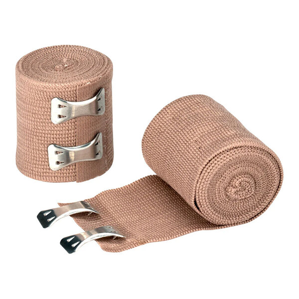 A pair of rolled elastic bandage wraps with metal clips, used for medical or first aid purposes.
