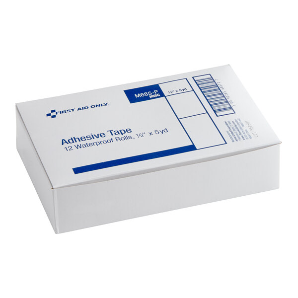 A box of First Aid Only waterproof adhesive tape rolls, 1/2 inch by 5 yards.