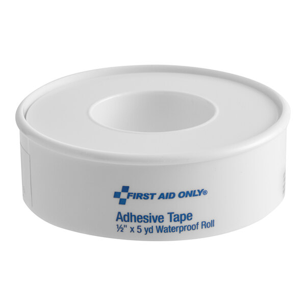 A roll of First Aid Only 1/2 inch by 5 yard waterproof adhesive tape in a white plastic dispenser.