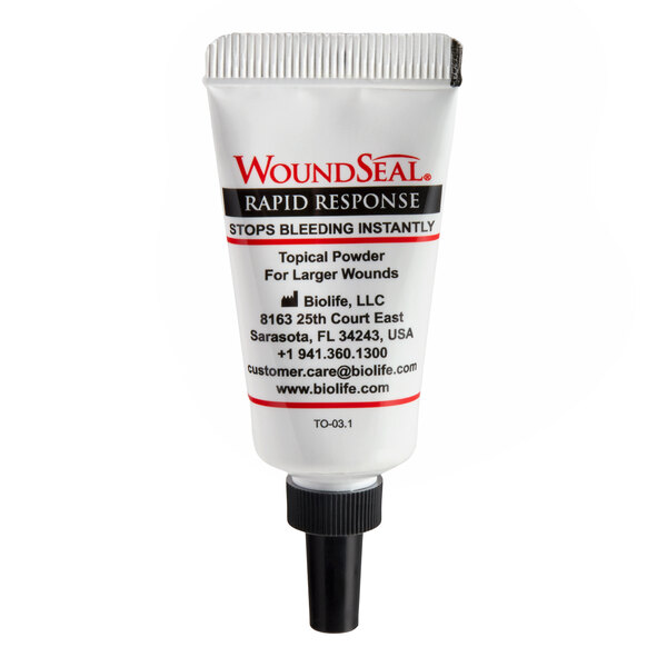 A tube of WoundSeal Rapid Response topical powder for stopping bleeding from larger wounds.