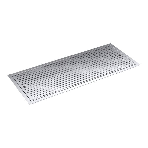 A rectangular stainless steel drop-in bar top drainer with a perforated surface.