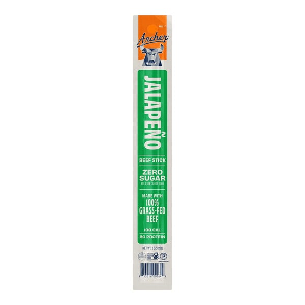 A single Archer Jalapeno Beef Meat Stick in a 1 oz. package.