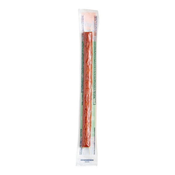 A single Archer Jalapeno Beef Meat Stick in a clear plastic wrapper.