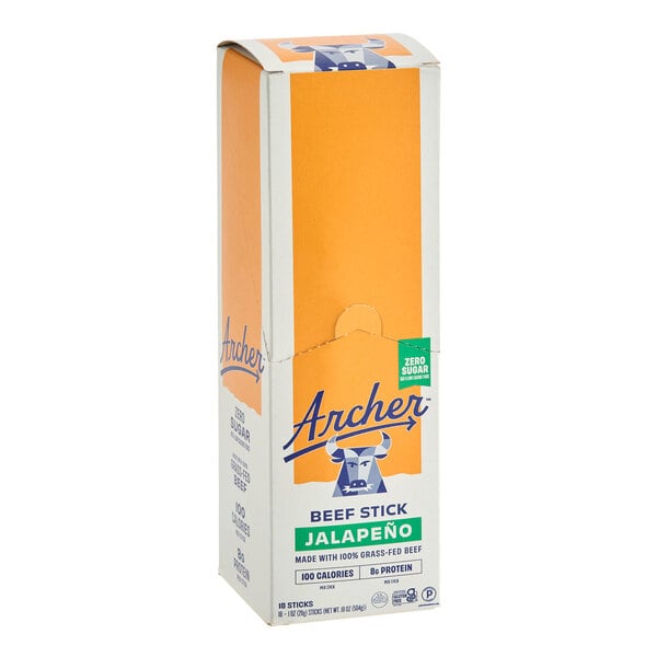 A box of Archer Jalapeno Beef Sticks, 1 oz each, containing 108 sticks per case.