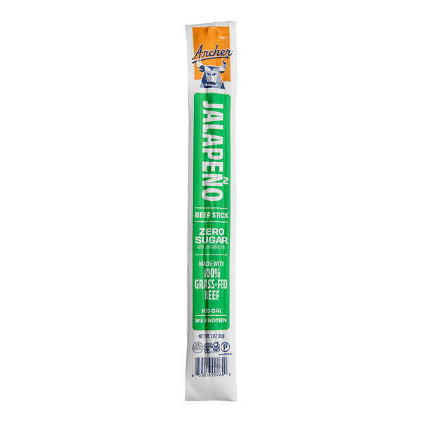 A 1 oz Archer Jalapeno Beef Stick in a green and white package.