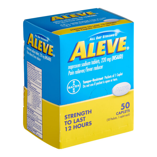 A box of Aleve naproxen sodium pain reliever and fever reducer tablets, containing 50 caplets.