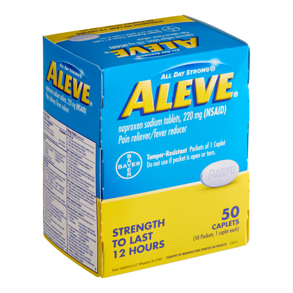 A box of Aleve naproxen sodium pain reliever and fever reducer tablets containing 50 caplets.