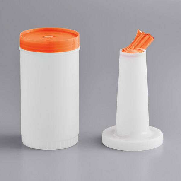 A white 1-quart pour bottle with an orange spout and cap.