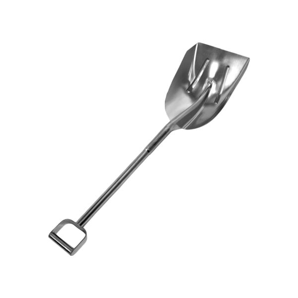 A heavy-duty stainless steel food service shovel with a reinforced 14 x 10.5 inch blade and a 39 inch handle.