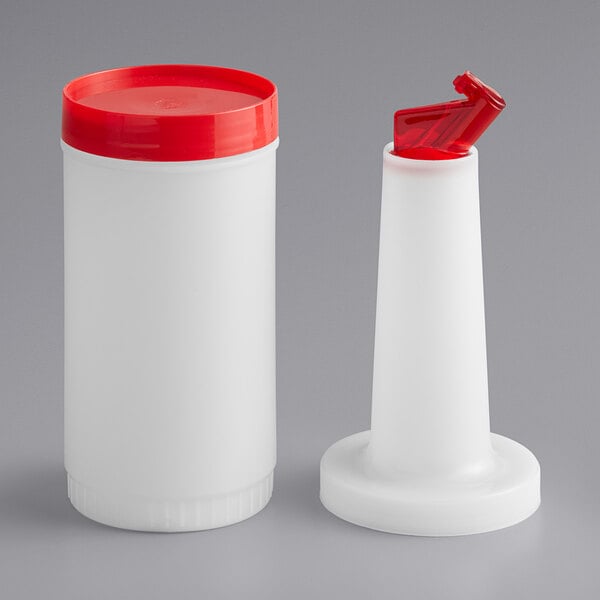 A white 1-quart pour bottle with a red flip top and cap, shown with the cap and pour spout separated.