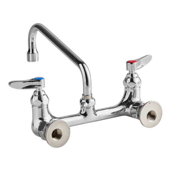 A silver T&S wall mount faucet with red and blue knobs.