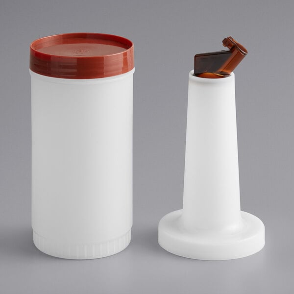 A white 1-quart pour bottle with a brown flip top and matching cap.