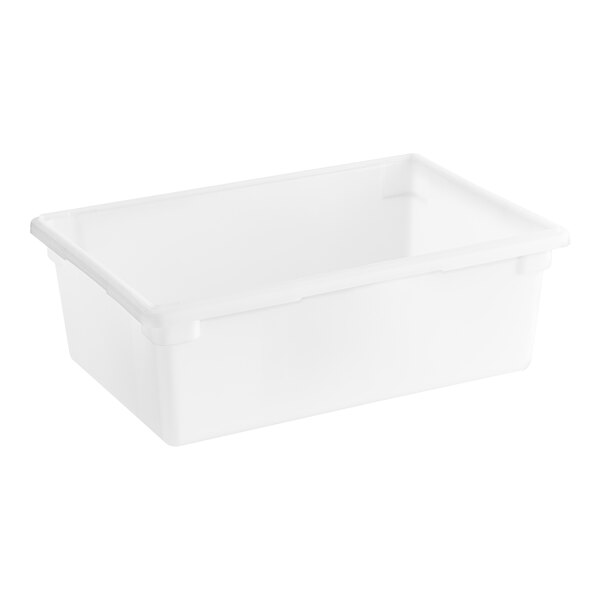 A large white rectangular polyethylene food storage box.