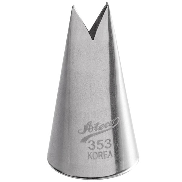 A metal leaf piping tip used for cake decorating.