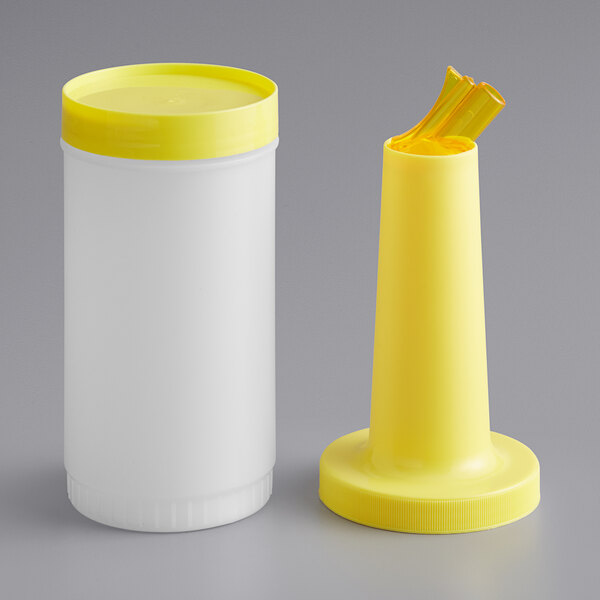 A one quart plastic pour bottle with a yellow neck and cap, shown with the cap removed and placed beside the bottle.