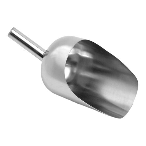 A heavy-duty stainless steel scoop with a cylindrical handle and a deep, rounded bowl.