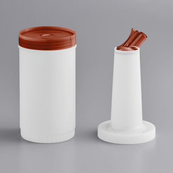 A white 1-quart pour bottle with a brown spout and cap, shown with the cap on and off.