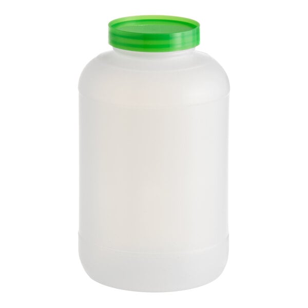 A one-gallon plastic backup container with a green cap.
