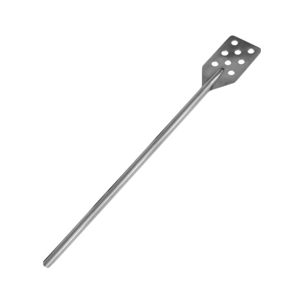 A long, heavy-duty stainless steel perforated paddle with a flat, angled end featuring multiple holes.