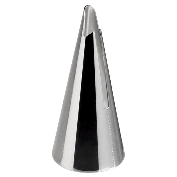 A metal ruffle piping tip used for cake decorating.