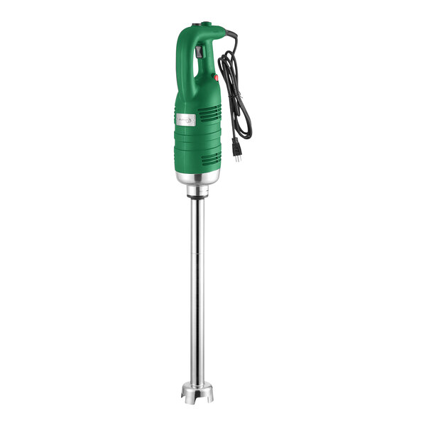 An electric immersion blender with a green handle and a long stainless steel blending shaft.