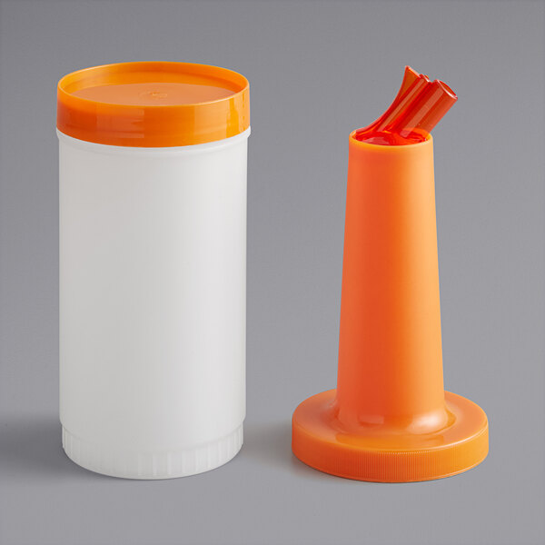 A one quart plastic pour bottle with an orange neck and cap, shown with the cap removed and placed beside the bottle.
