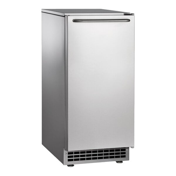 A stainless steel undercounter ice machine with a front door and bottom vent.