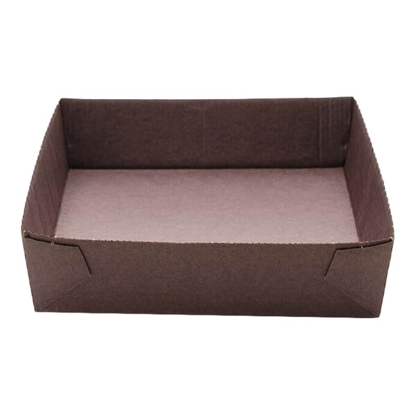 A brown paper baking mold with straight sides and a rectangular shape.