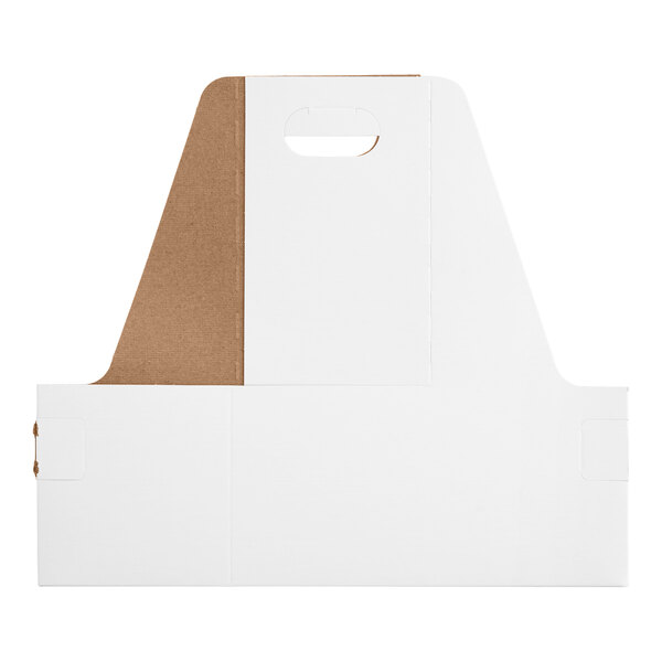 A flat, unfolded white cardboard drink carrier with a handle, designed to hold two cups.