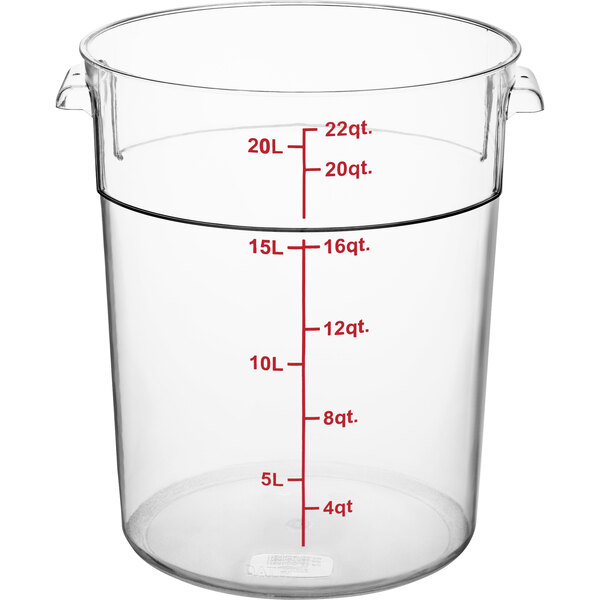 A clear round polycarbonate food storage container with red measurement markings up to 22 quarts or 20 liters.