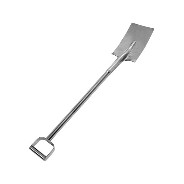 A heavy-duty stainless steel food service shovel with a long handle and a rectangular blade.