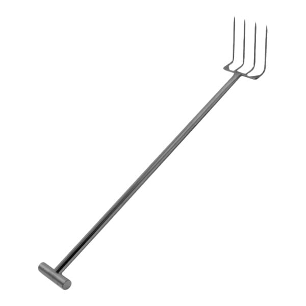 A heavy-duty stainless steel food service drag fork with a 60-inch handle and angled tines.