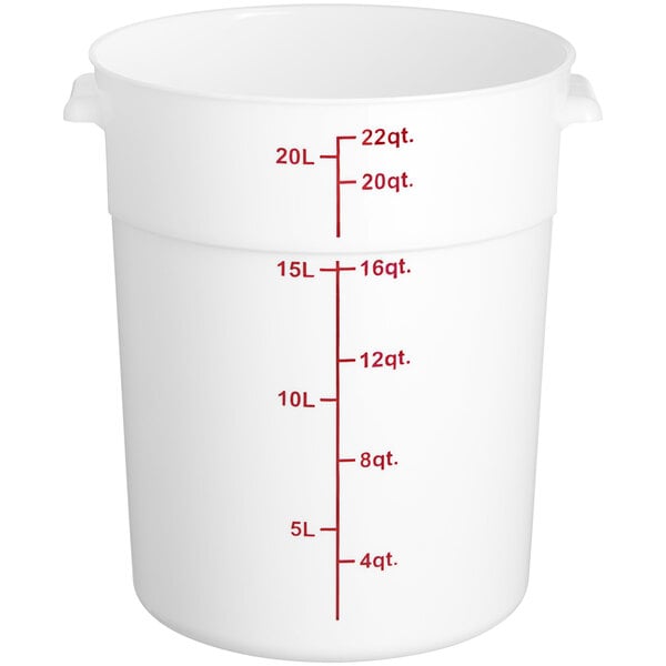 A white round polypropylene food storage container with red measurement markings up to 22 quarts or 20 liters.