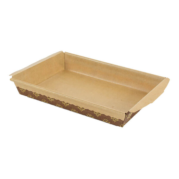 A rectangular corrugated kraft paper bread loaf mold with decorative sides.