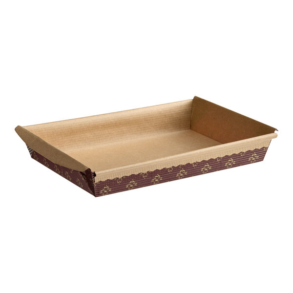 A rectangular corrugated kraft paper bread loaf mold with decorative sides.