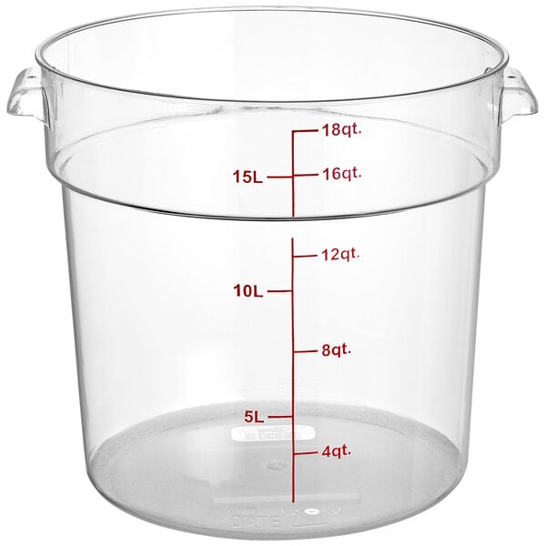 A clear round polycarbonate food storage container with measurement markings up to 18 quarts and 15 liters.